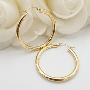 Big 14k Gold 3MM Polished Hoop Earrings - 35MM